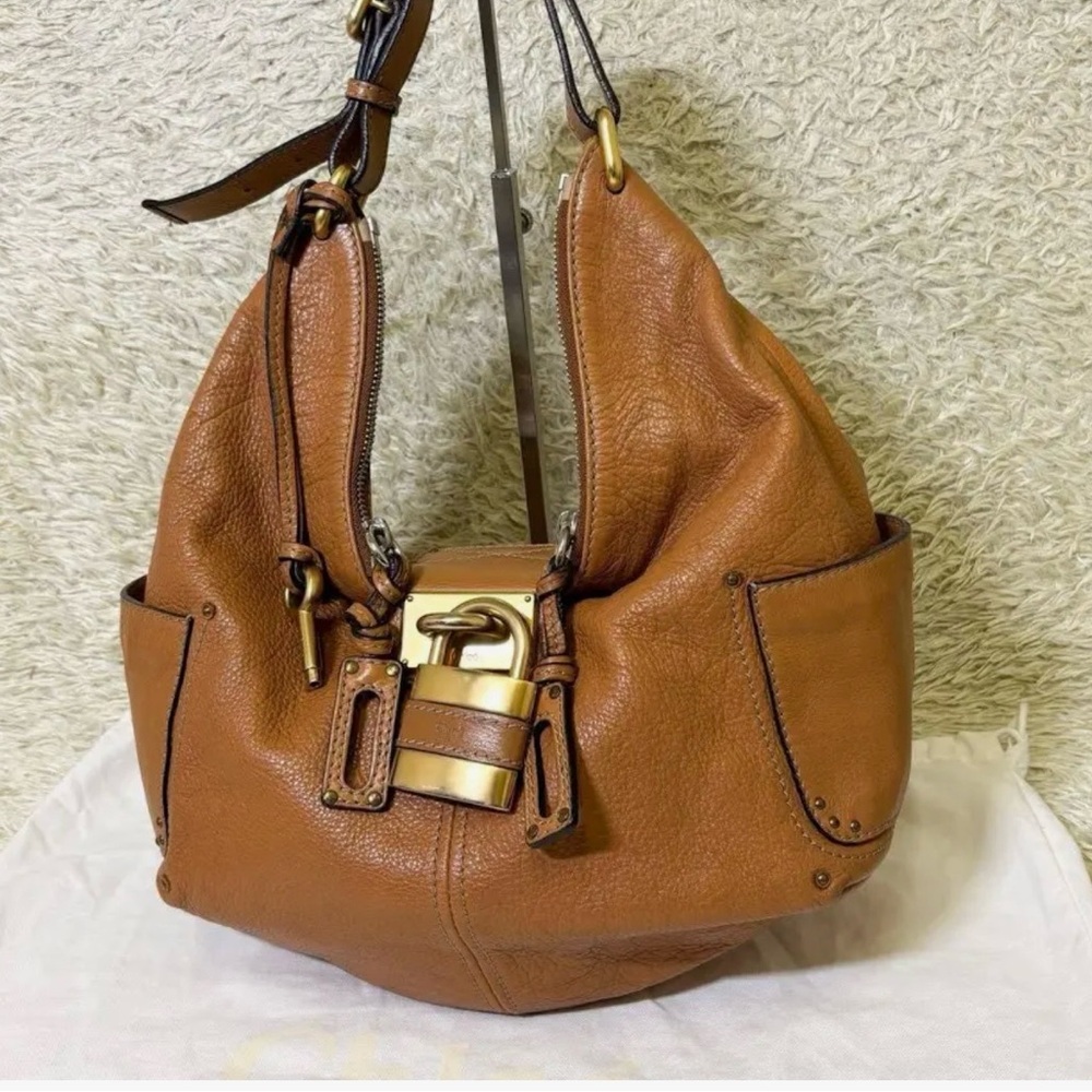 Chloe Paddington Cognac Pebbled Leather Hobo Bag with Gold-Tone Lock and Key
